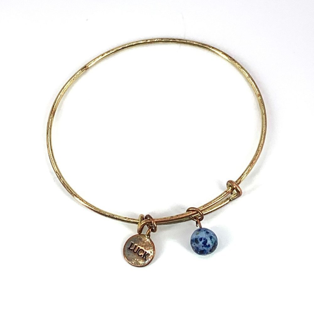 Gold Tone Luck Charm Bracelet With Blue Faux Gem Expandable 2.0"- 3.5"